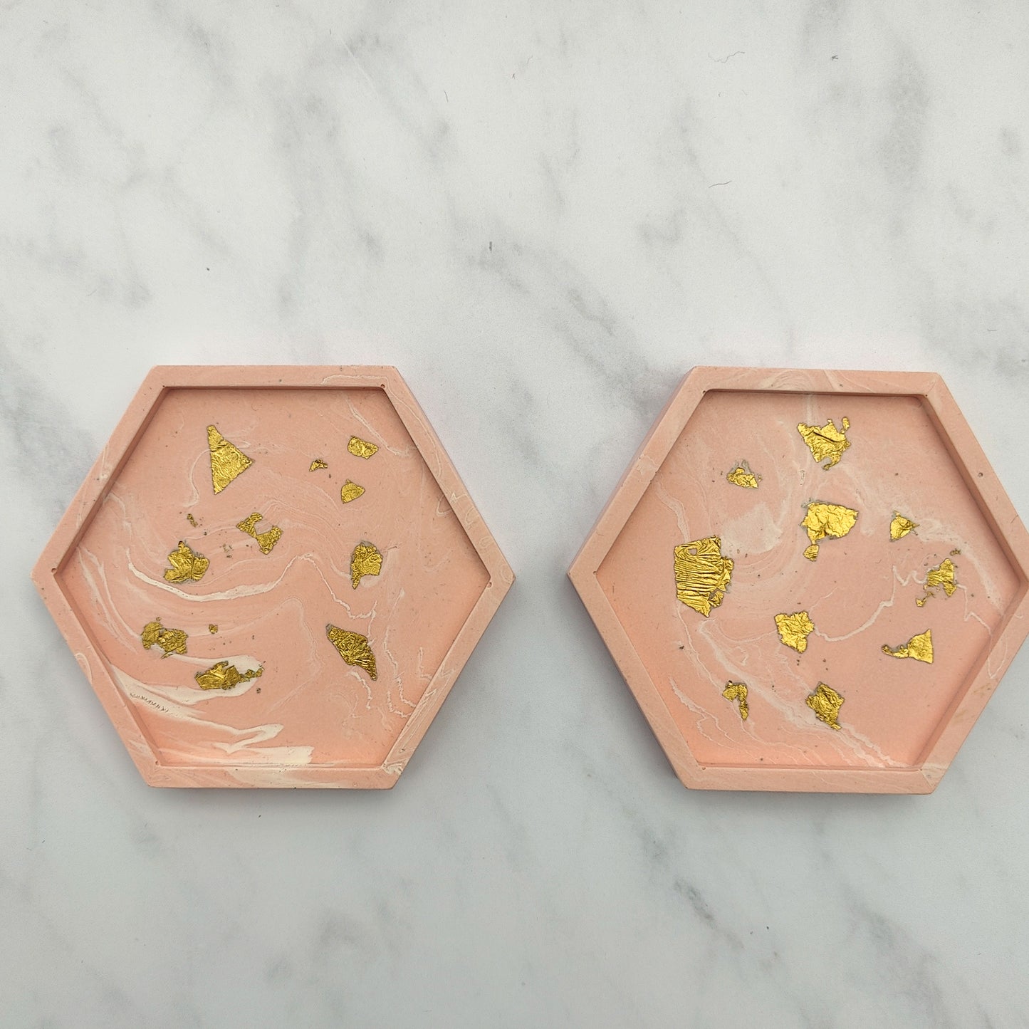 Salmon Pink With Gold Leaf Hexagon Coasters Set Of 2