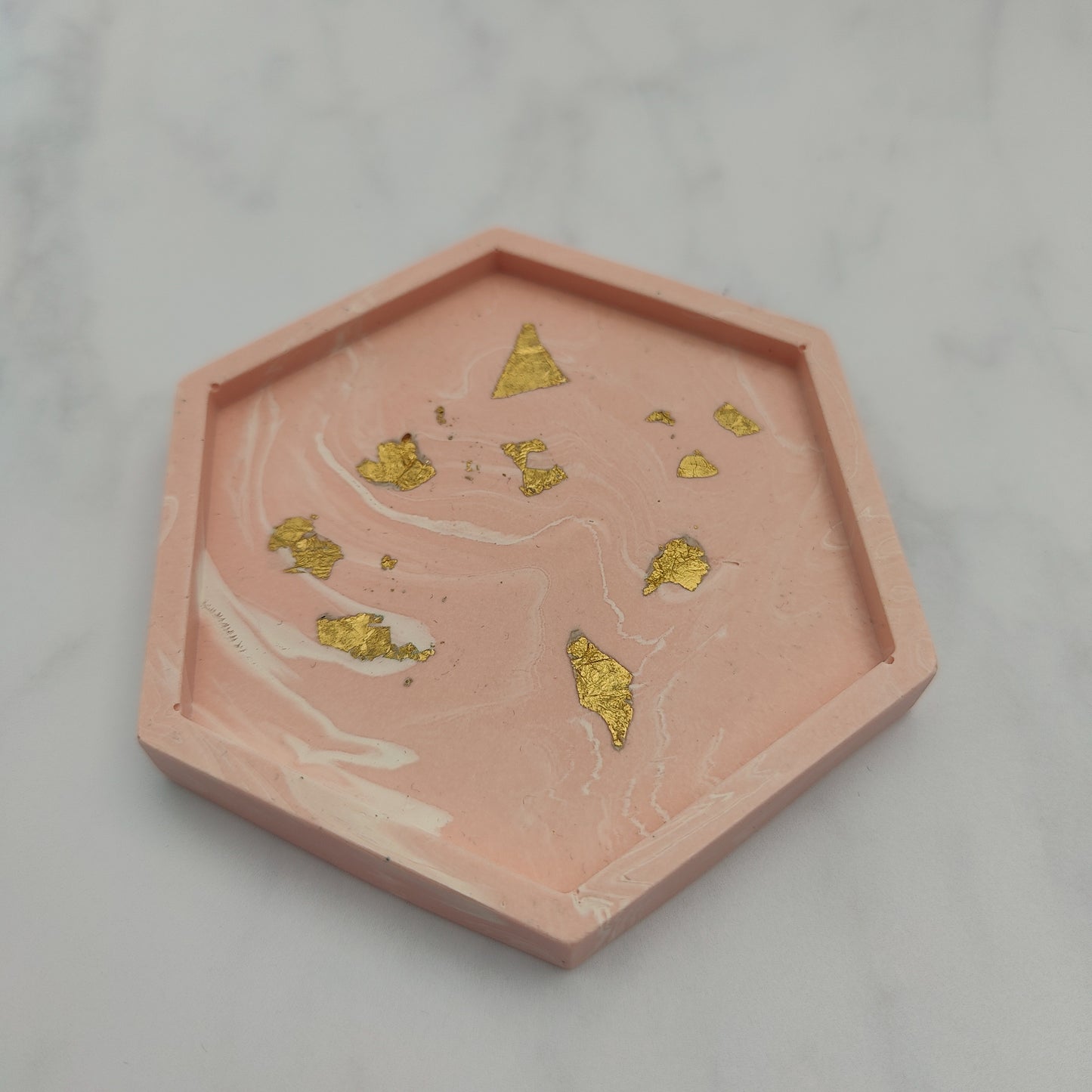 Salmon Pink With Gold Leaf Hexagon Coasters Set Of 2