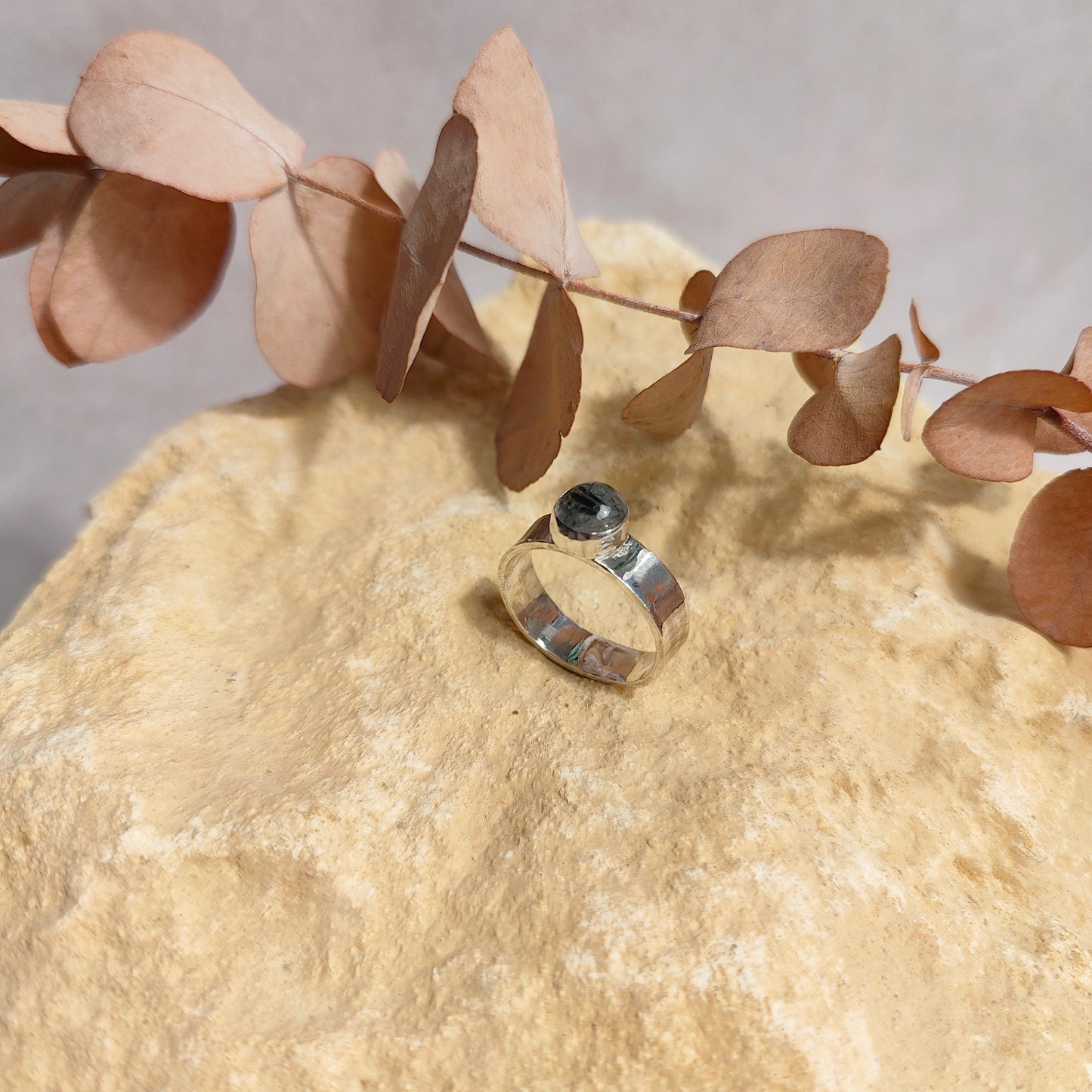 Black Tourmalinated Quartz Thick Ring UK Size S