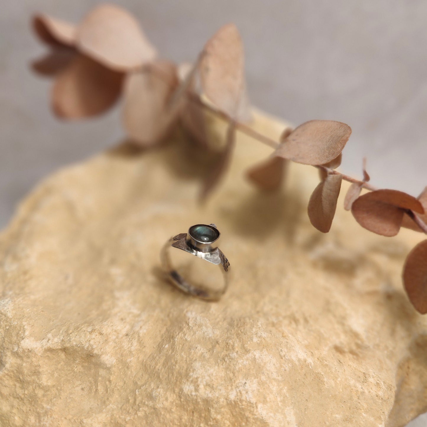 Labradorite Triangle Hammered Ring UK Size R