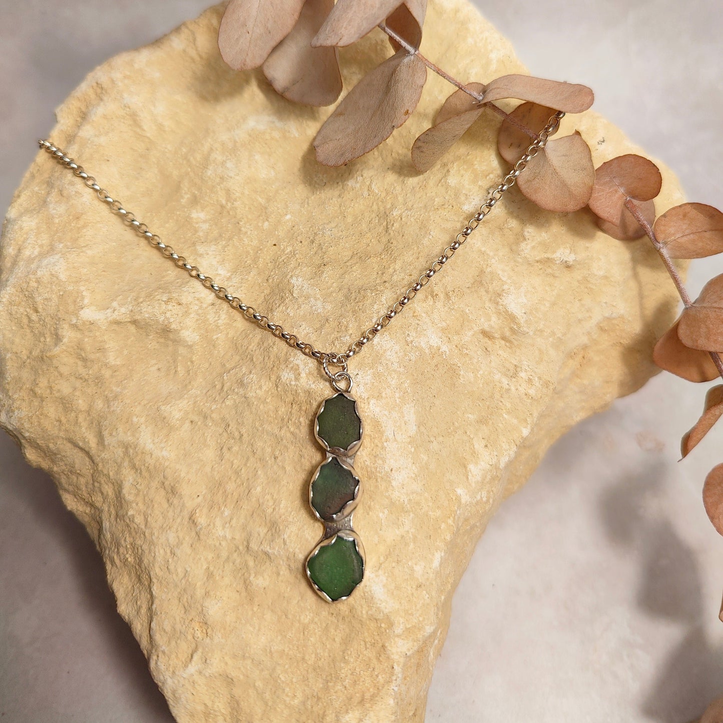 Triple Green Seaglass Pendant Necklace