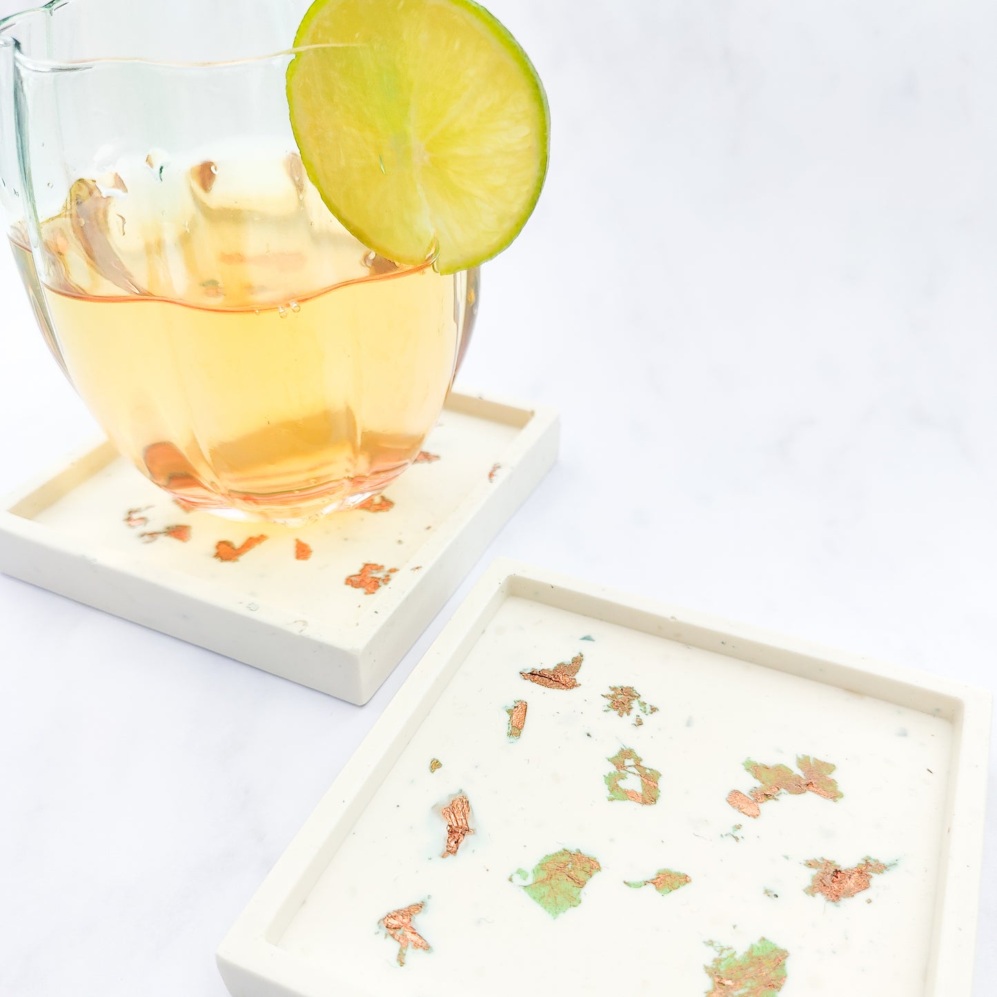 White With Rose Gold Leaf Square Coaster Set of 2