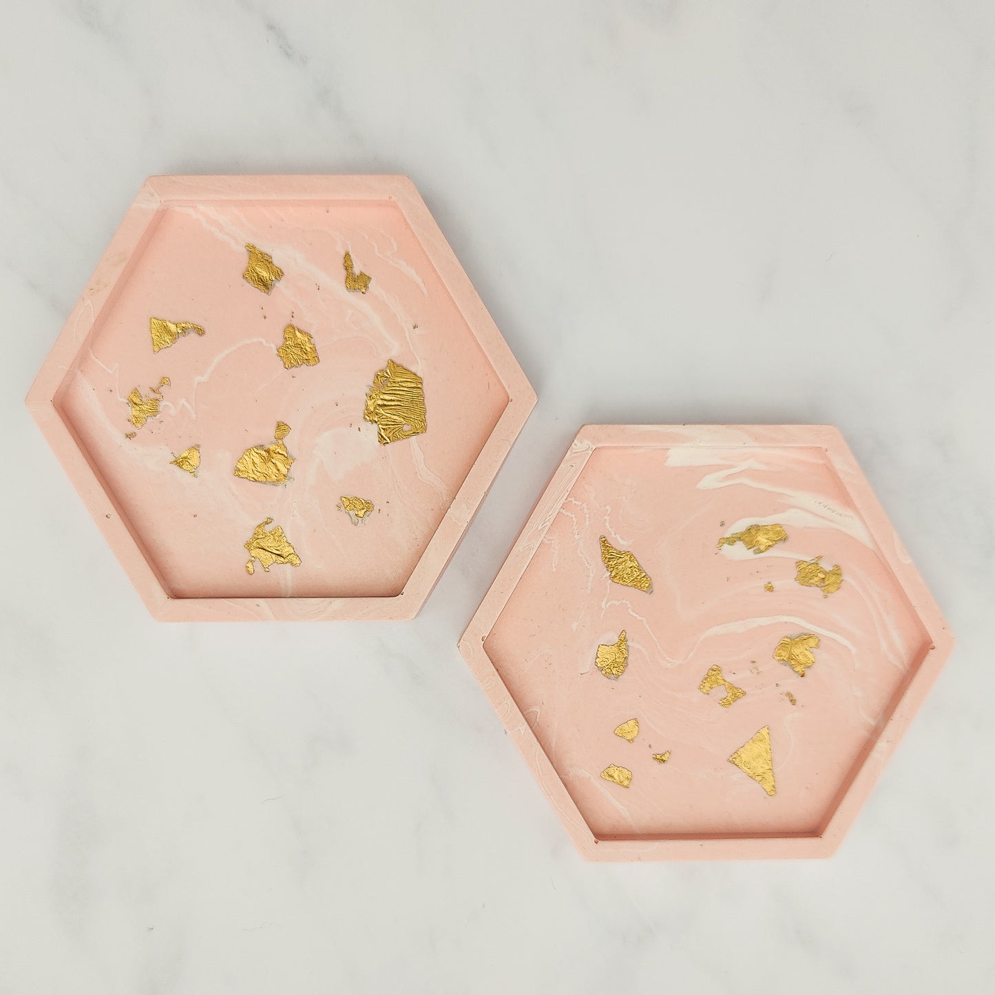 Salmon Pink With Gold Leaf Hexagon Coasters Set Of 2
