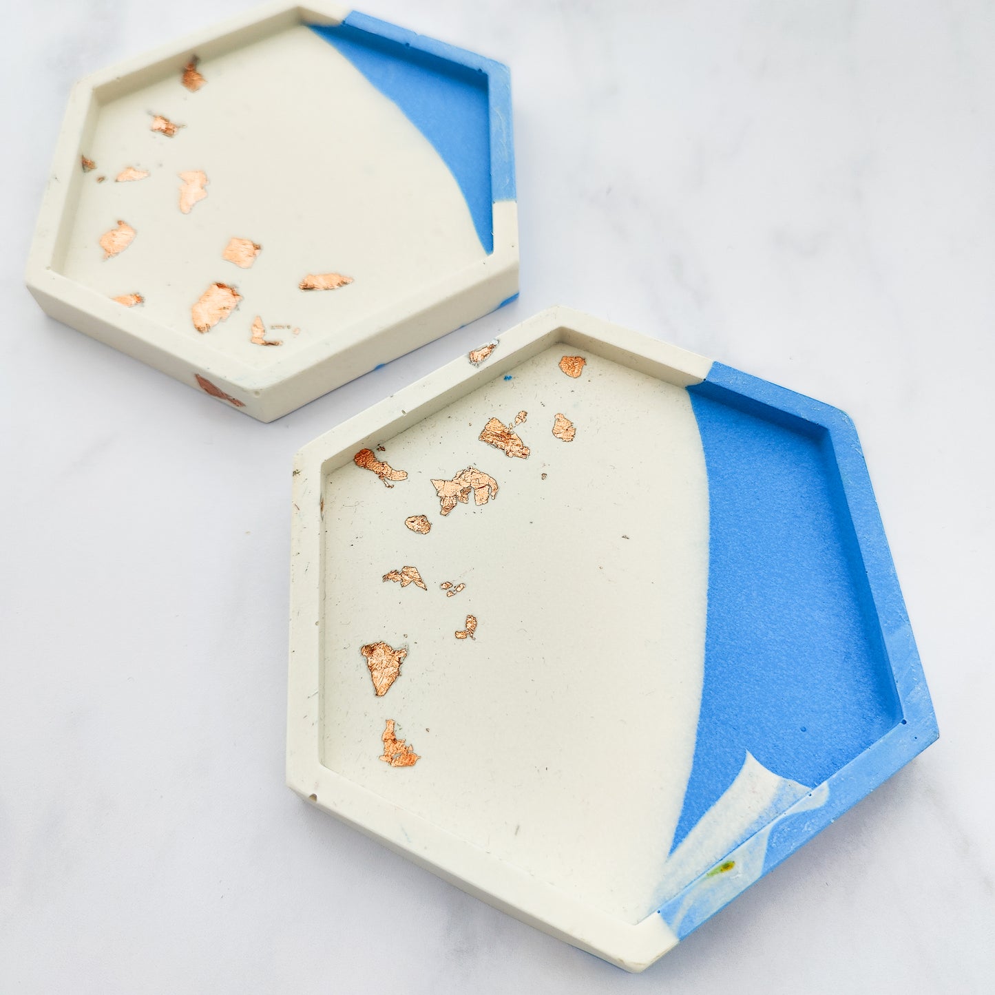 Dipped Ocean Blue With Rose Gold Leaf Hexagon Coaster Set Of 2