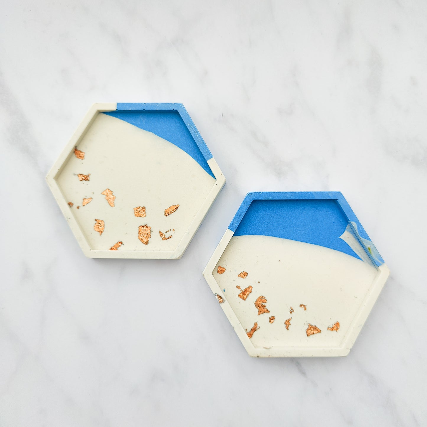 Dipped Ocean Blue With Rose Gold Leaf Hexagon Coaster Set Of 2