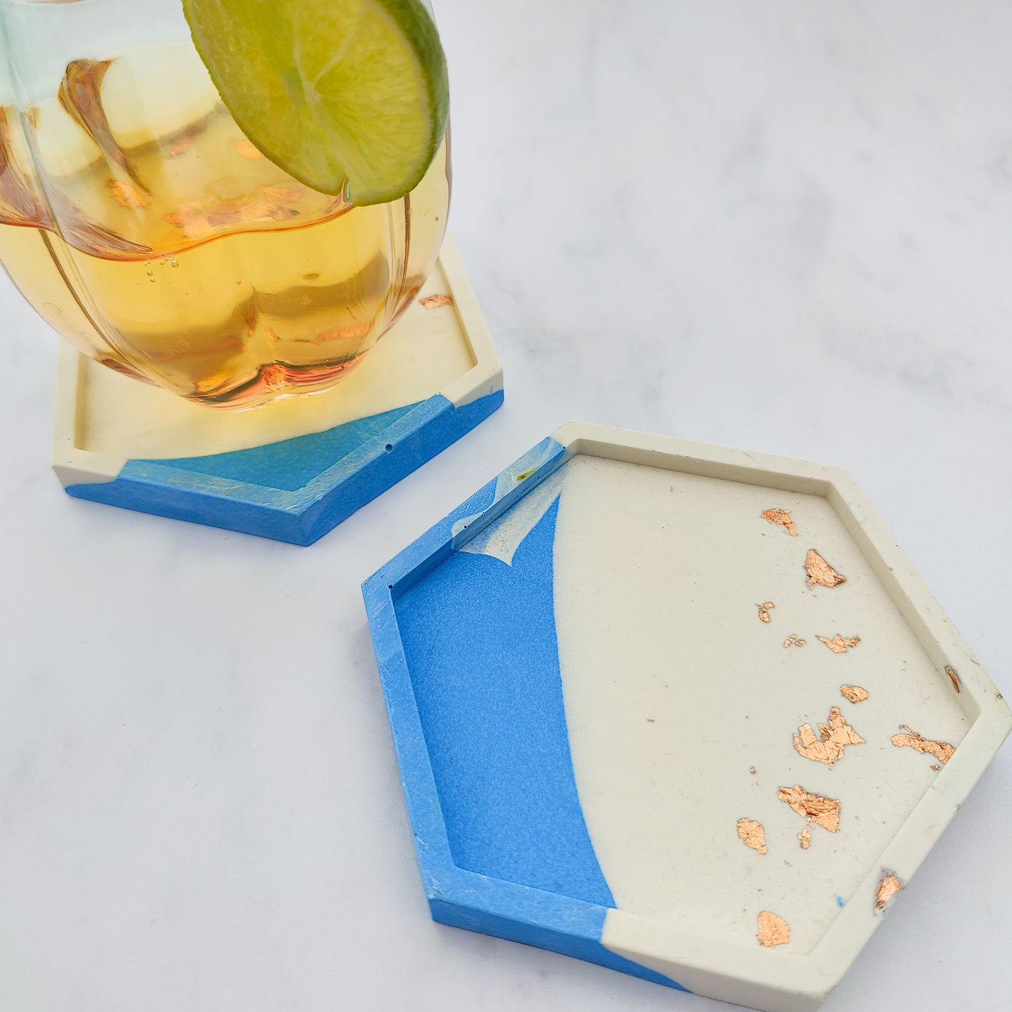 Dipped Ocean Blue With Rose Gold Leaf Hexagon Coaster Set Of 2