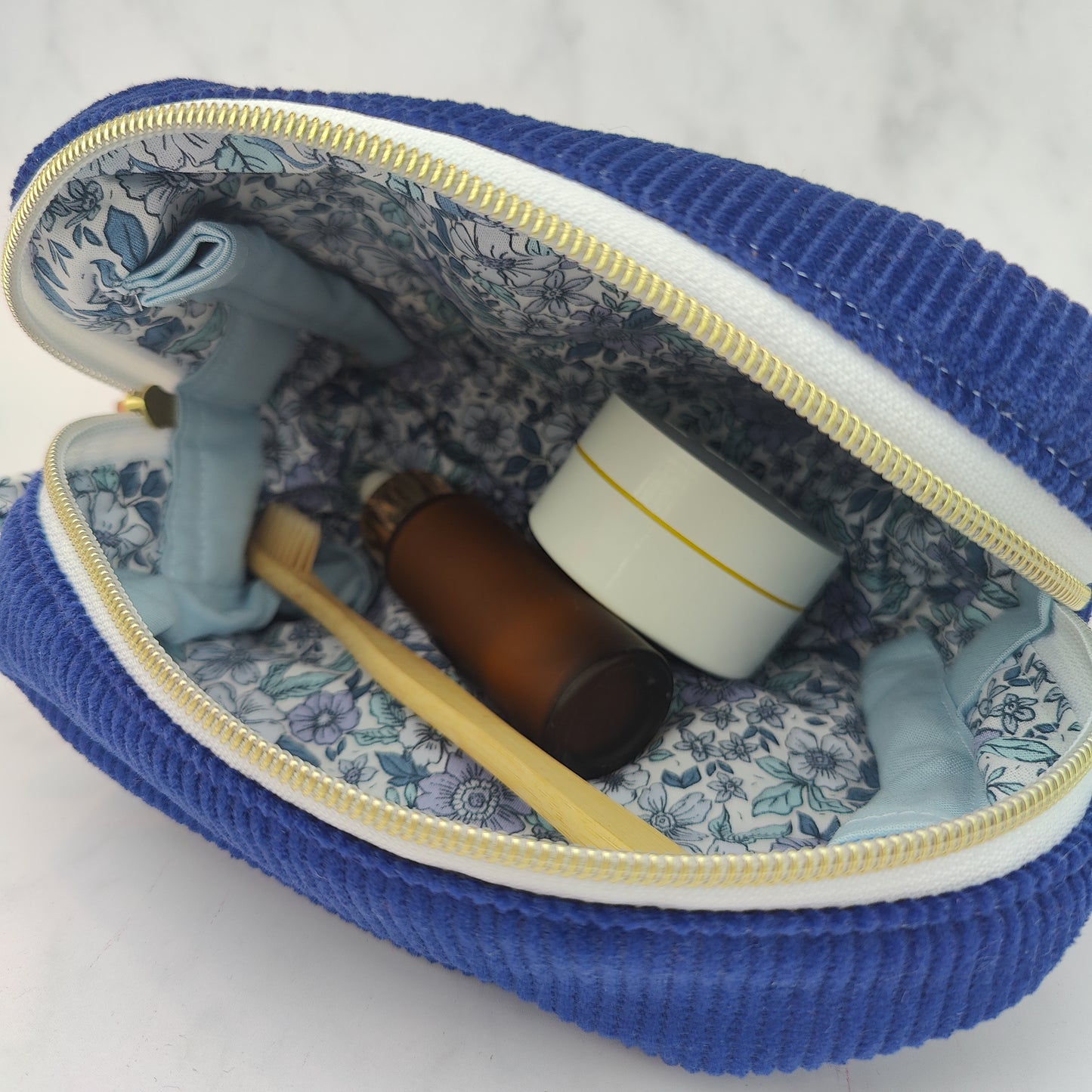 Handmade Regular Royal Blue Toiletry Bag With Blue Floral Lining