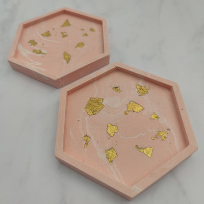 Salmon Pink With Gold Leaf Hexagon Coasters Set Of 2