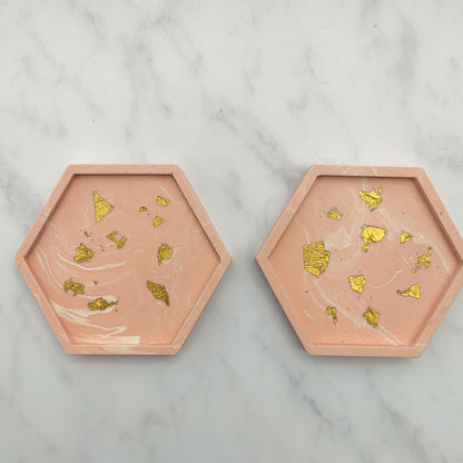 Salmon Pink With Gold Leaf Hexagon Coasters Set Of 2