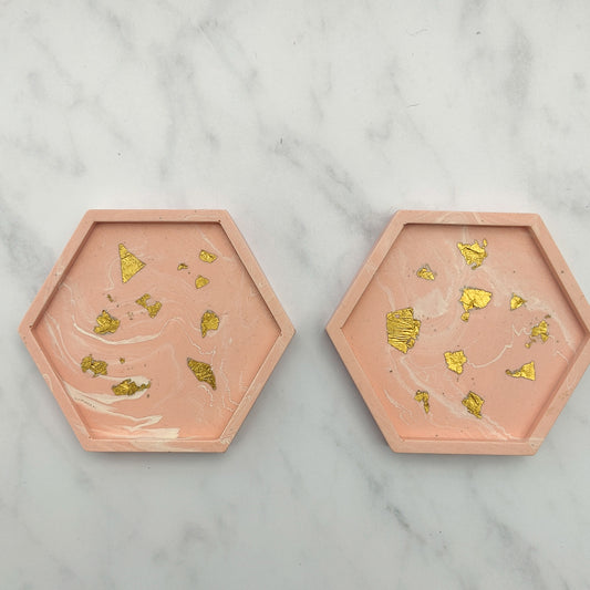 Salmon Pink With Gold Leaf Hexagon Coasters Set Of 2