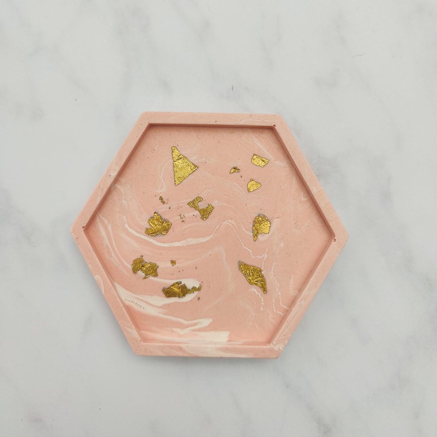 Salmon Pink With Gold Leaf Hexagon Coasters Set Of 2