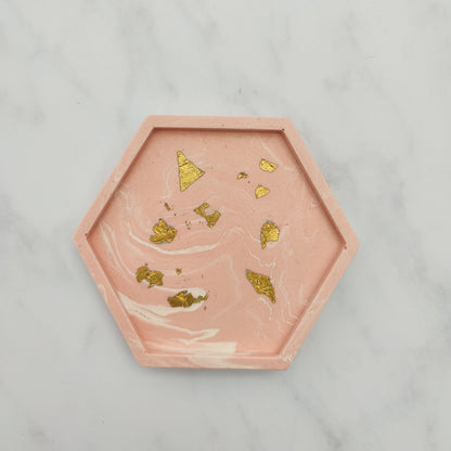 Salmon Pink With Gold Leaf Hexagon Coasters Set Of 2