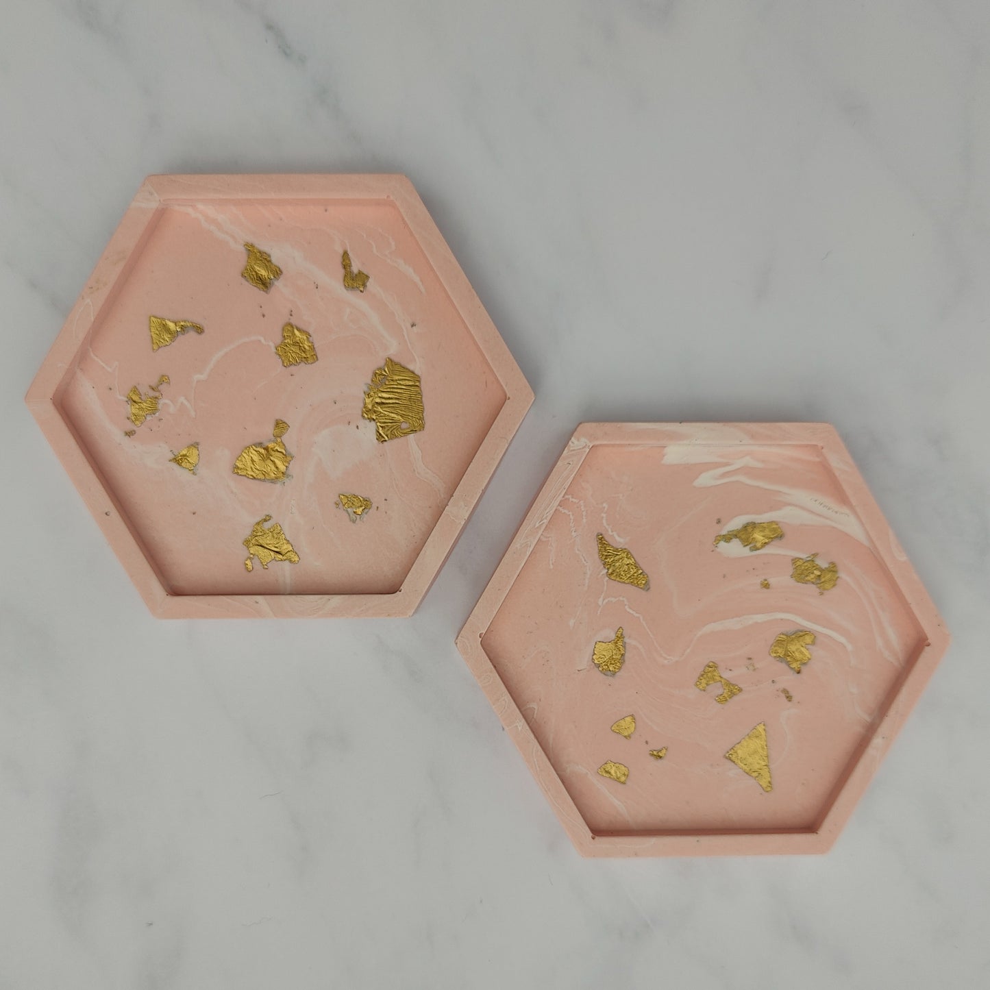 Salmon Pink With Gold Leaf Hexagon Coasters Set Of 2