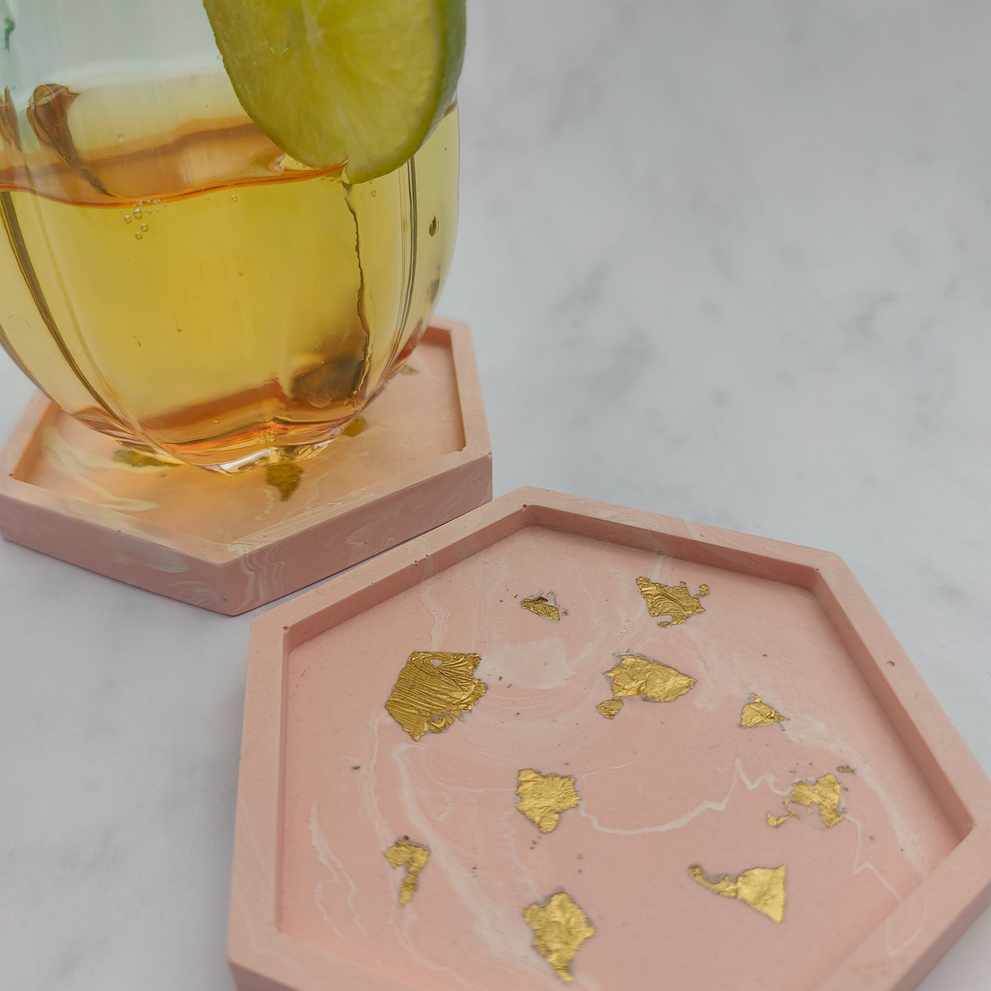 Salmon Pink With Gold Leaf Hexagon Coasters Set Of 2