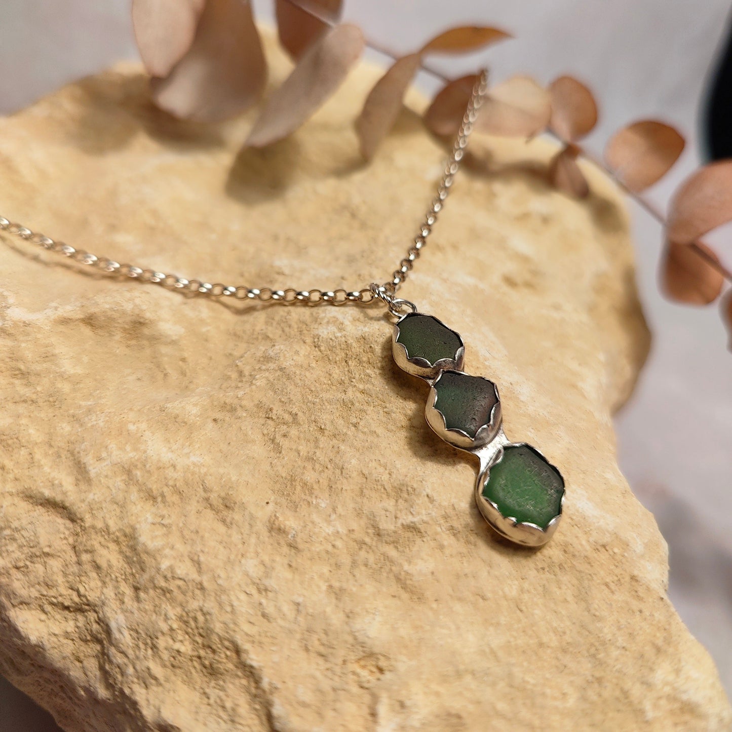 Triple Green Seaglass Pendant Necklace