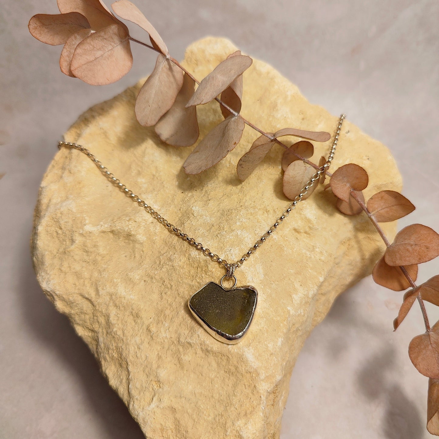 Heart Waves Lime Green Seaglass Pendant Necklace