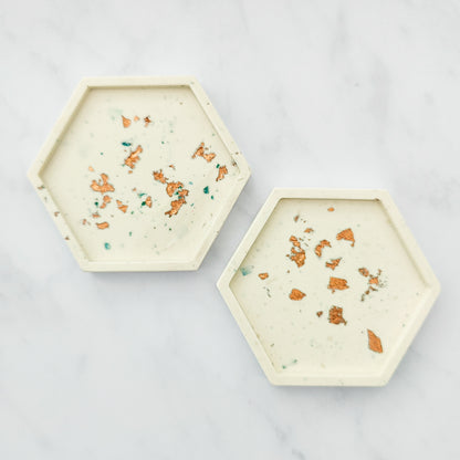 White With Rose Gold Leaf Hexagon Jesmonite Coaster Set Of 2