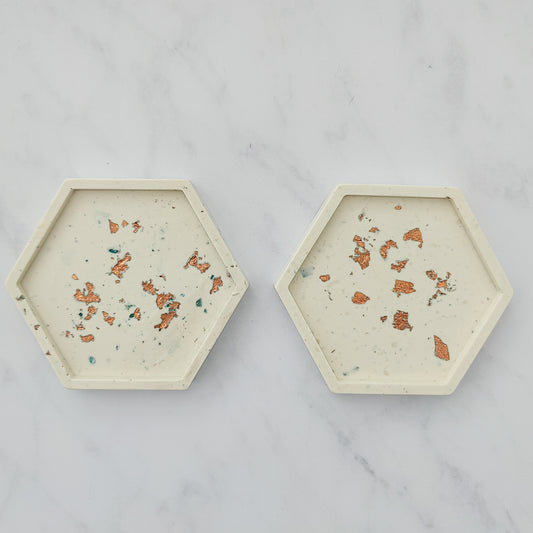 White With Rose Gold Leaf Hexagon Jesmonite Coaster Set Of 2