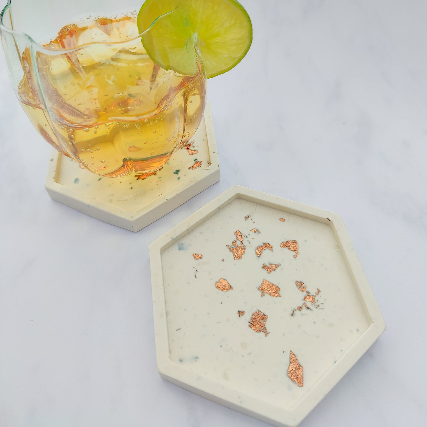 White With Rose Gold Leaf Hexagon Jesmonite Coaster Set Of 2