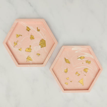 Salmon Pink With Gold Leaf Hexagon Coasters Set Of 2