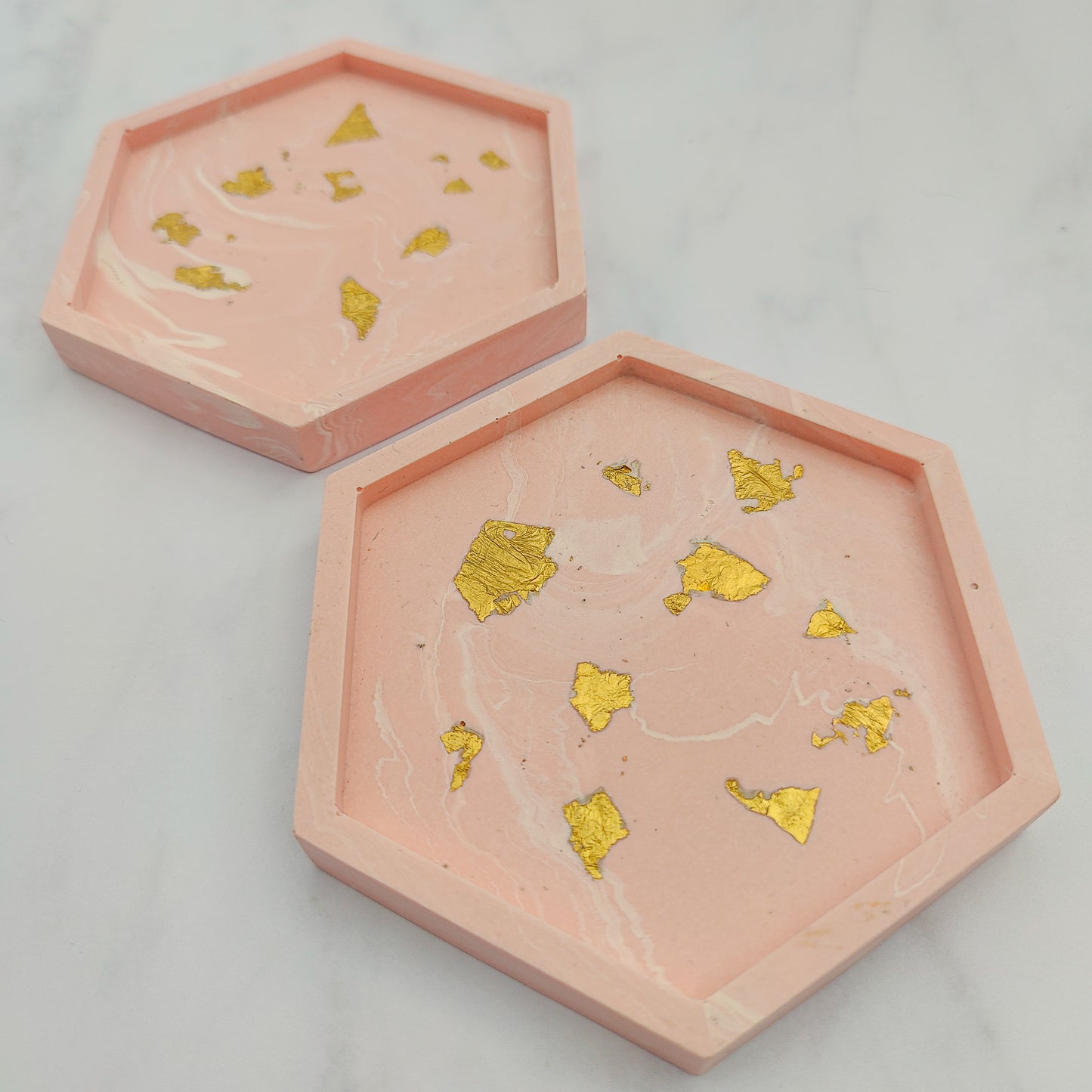 Salmon Pink With Gold Leaf Hexagon Coasters Set Of 2