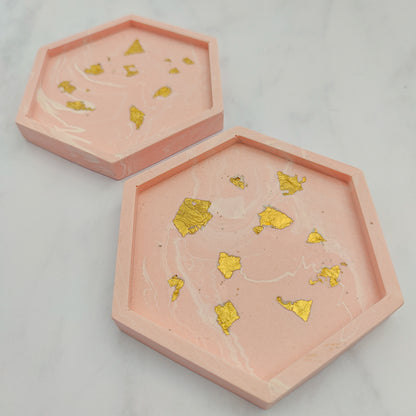 Salmon Pink With Gold Leaf Hexagon Coasters Set Of 2