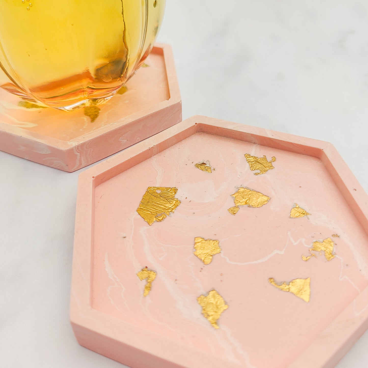 Salmon Pink With Gold Leaf Hexagon Coasters Set Of 2