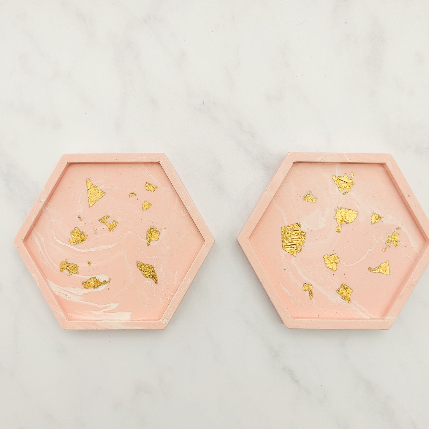 Salmon Pink With Gold Leaf Hexagon Coasters Set Of 2