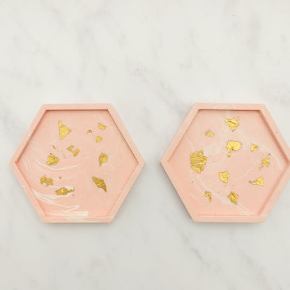 Salmon Pink With Gold Leaf Hexagon Coasters Set Of 2