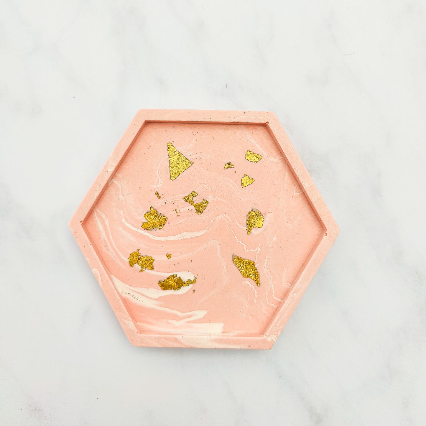 Salmon Pink With Gold Leaf Hexagon Coasters Set Of 2