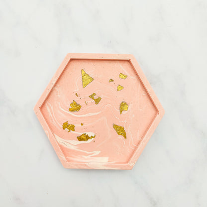 Salmon Pink With Gold Leaf Hexagon Coasters Set Of 2