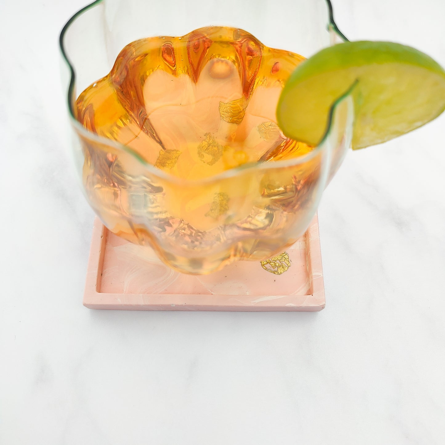 Salmon Pink With Gold Leaf Square Coaster Set Of 2