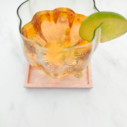 Salmon Pink With Gold Leaf Square Coaster Set Of 2