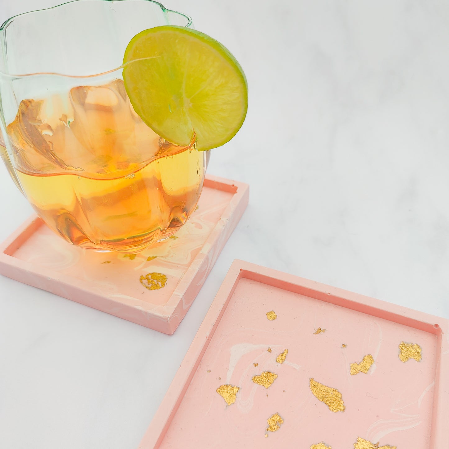 Salmon Pink With Gold Leaf Square Coaster Set Of 2