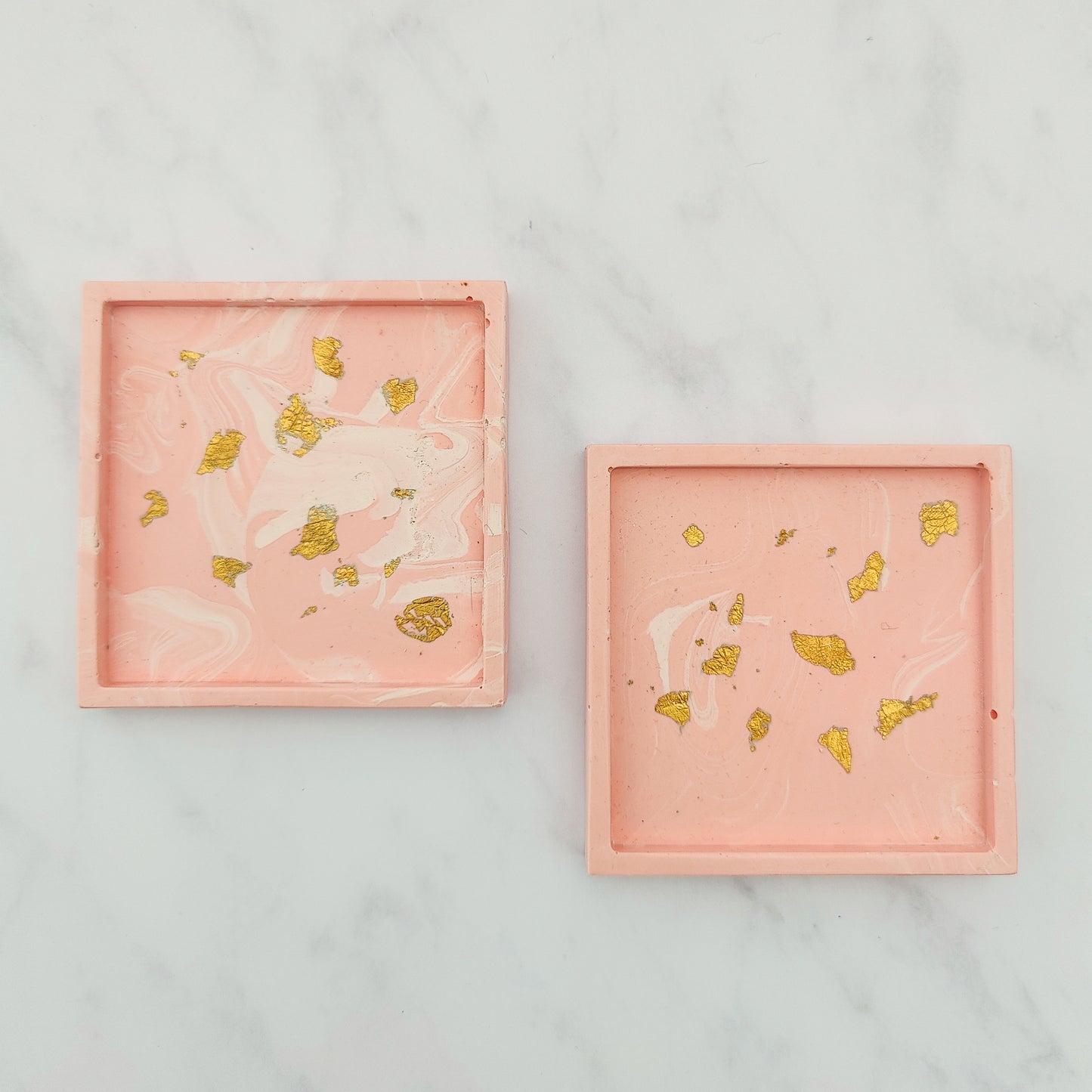 Salmon Pink With Gold Leaf Square Coaster Set Of 2