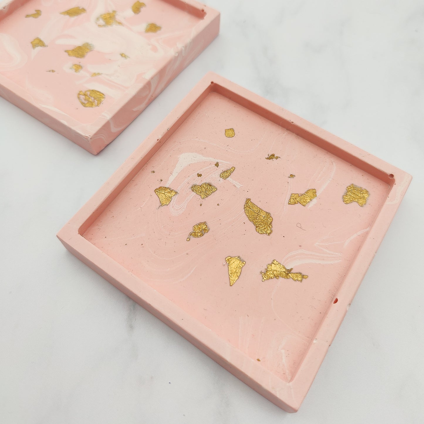 Salmon Pink With Gold Leaf Square Coaster Set Of 2