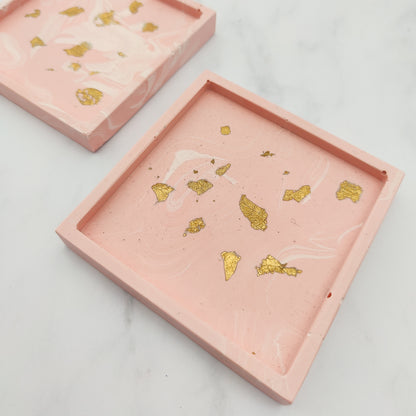 Salmon Pink With Gold Leaf Square Coaster Set Of 2