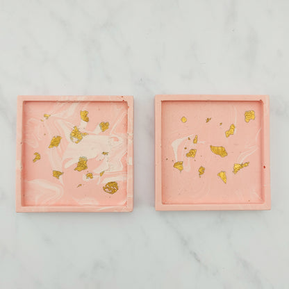 Salmon Pink With Gold Leaf Square Coaster Set Of 2