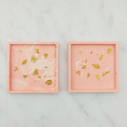 Salmon Pink With Gold Leaf Square Coaster Set Of 2