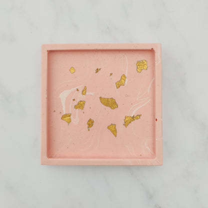 Salmon Pink With Gold Leaf Square Coaster Set Of 2