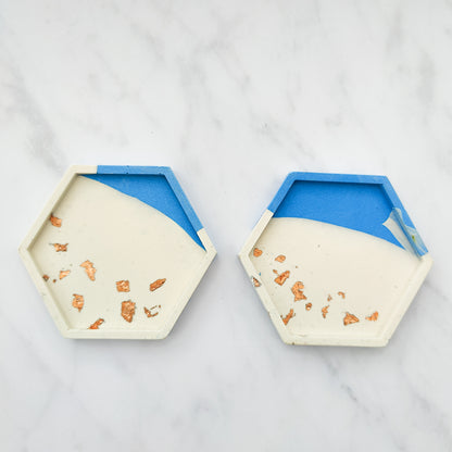 Dipped Ocean Blue With Rose Gold Leaf Hexagon Coaster Set Of 2