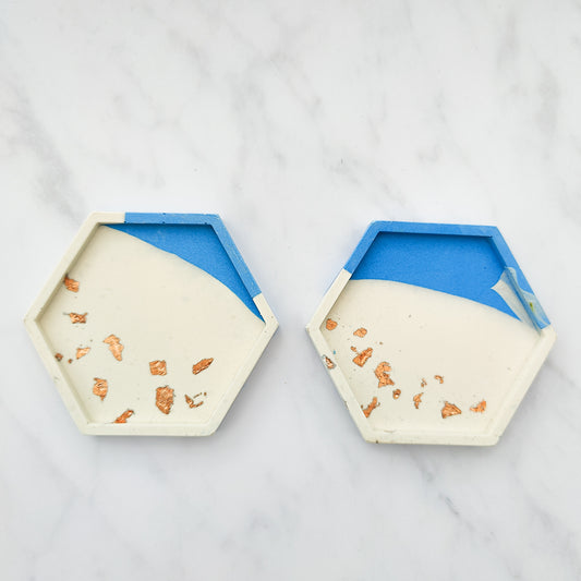 Dipped Ocean Blue With Rose Gold Leaf Hexagon Coaster Set Of 2