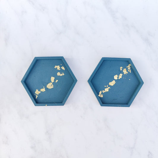 Teal With Gold Leaf Hexagon Jesmonite Coasters Set Of 2