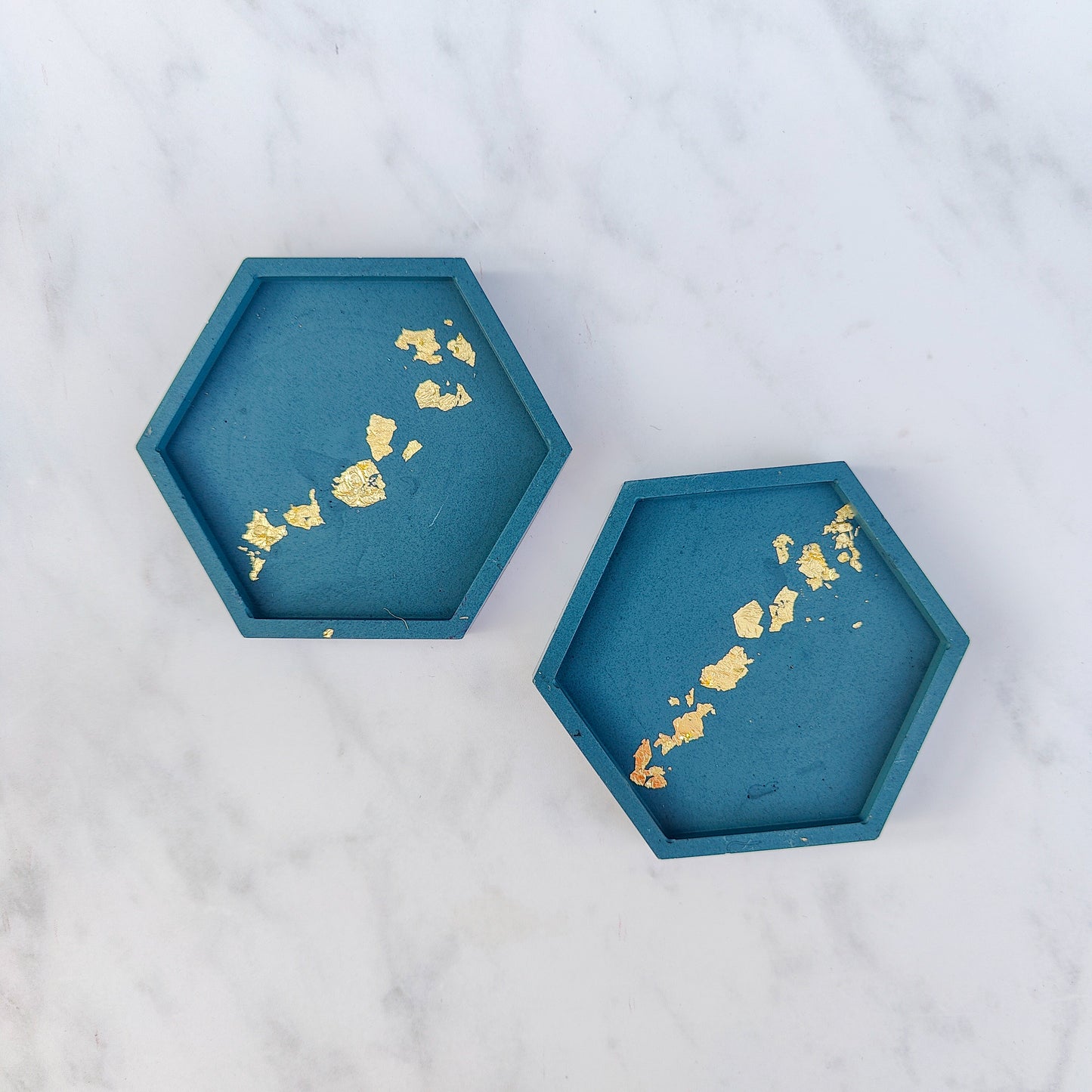 Teal With Gold Leaf Hexagon Jesmonite Coasters Set Of 2