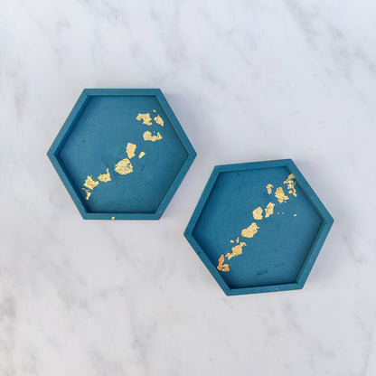 Teal With Gold Leaf Hexagon Jesmonite Coasters Set Of 2