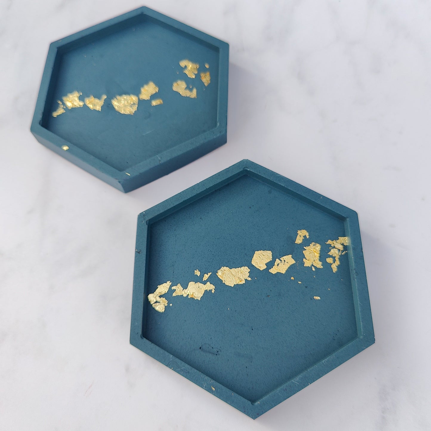 Teal With Gold Leaf Hexagon Jesmonite Coasters Set Of 2