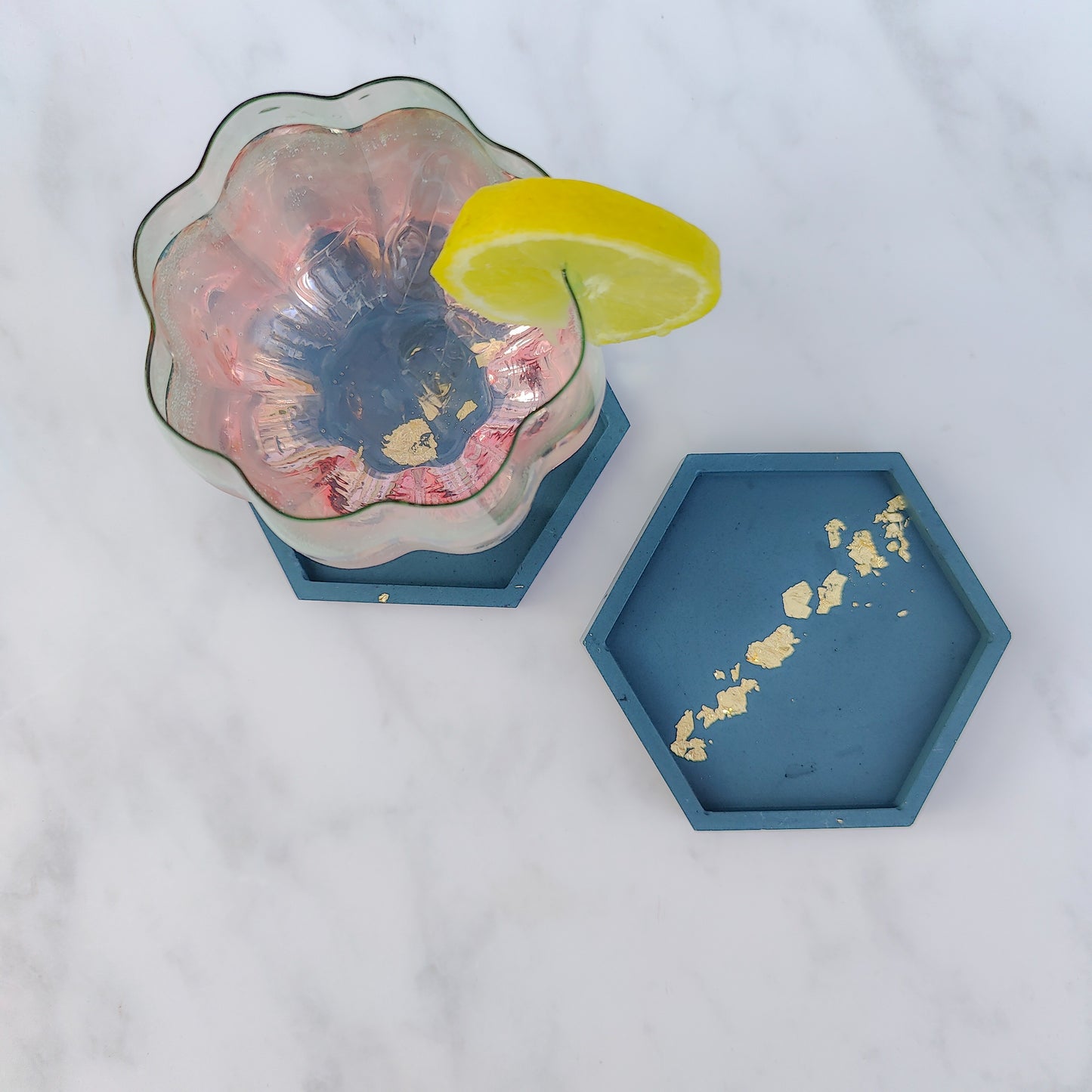 Teal With Gold Leaf Hexagon Jesmonite Coasters Set Of 2