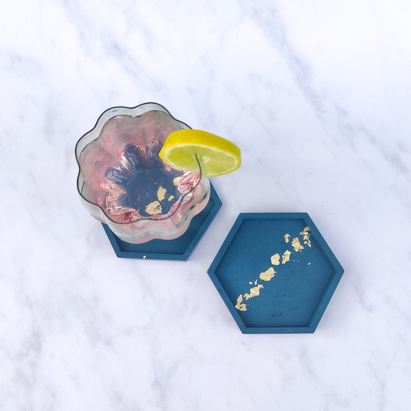 Teal With Gold Leaf Hexagon Jesmonite Coasters Set Of 2