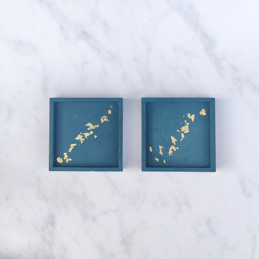 Teal With Gold Leaf Square Jesmonite Coasters Set Of 2
