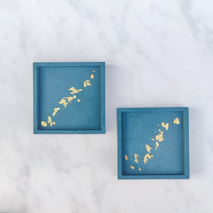 Teal With Gold Leaf Square Jesmonite Coasters Set Of 2
